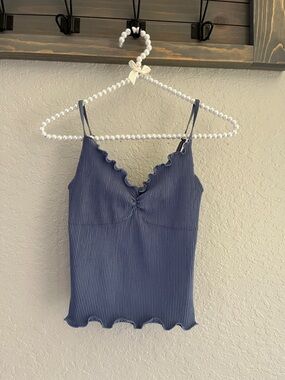 Urban Outfitters Blue Ribbed Ruffle Cami Top